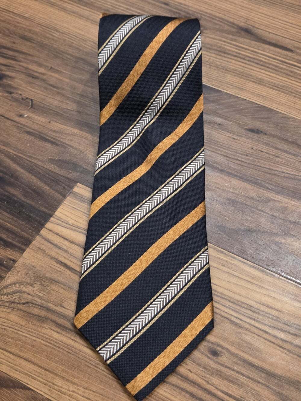 Zegna Silk Cotton Tie Black Gold Chevron Stripe Made in Italy